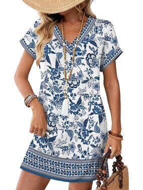 Women's blue White Dresses Wedding Guest Casual Beach Vacation Summer T Shirt